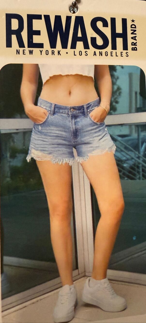 REWASH Vintage Reunion Classic Rise Blue Denim Jean Shorts Distressed Size 5/27